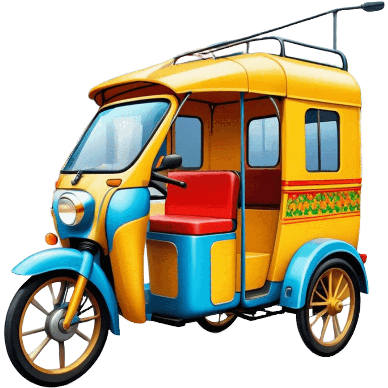 Cinematic Realistic image of a colorful auto rickshaw, rendered with detailed textures and lively, bold hues, set on a bustling urban street with dynamic, vibrant lighting that emphasizes its iconic role emoji