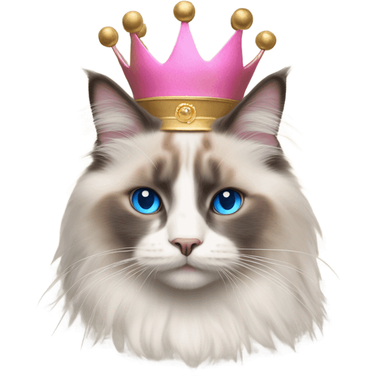 Realistic ragdoll cat with blue eyes wearing pink and gold crown emoji