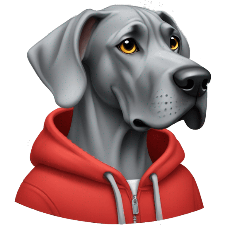 Grey Great Dane wearing a red hoodie emoji