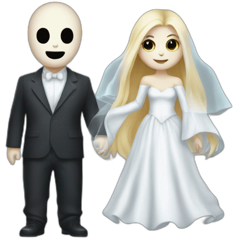 a blondie girl dressed as a ghost and a bald guy dressed as a ghost going both to a party emoji