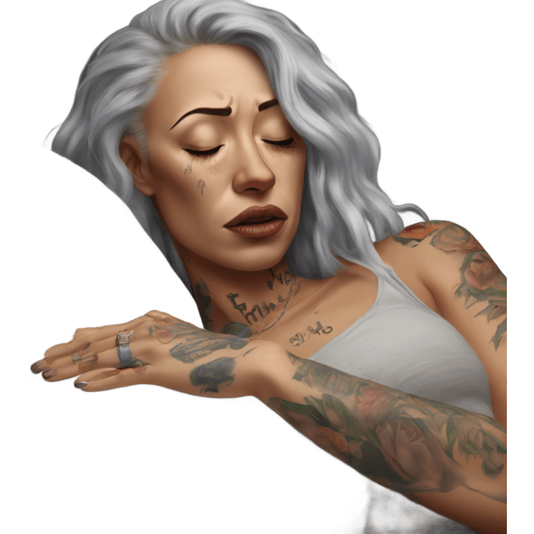 Hyper Realistic Beautiful tattooed woman crying holding a tissue lying on her sofa  emoji