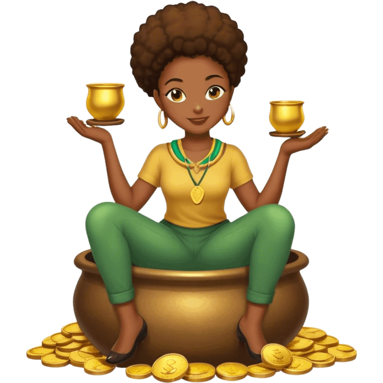 black woman sitting on a pot of gold coins emoji