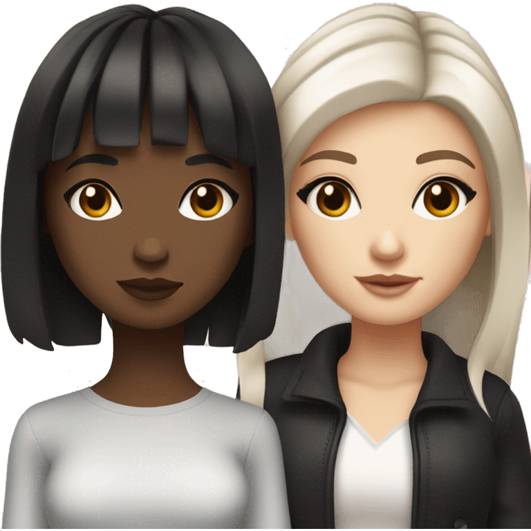 Two white girlfriends. One with brown hair in square, the other with black hair, bangs and a square. In fashionable clothes and beautiful modern makeup emoji