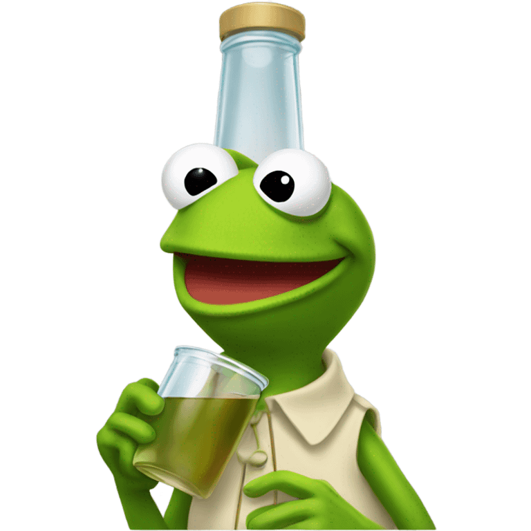 Kermit, the frog holding vinegar drinking it ￼ emoji