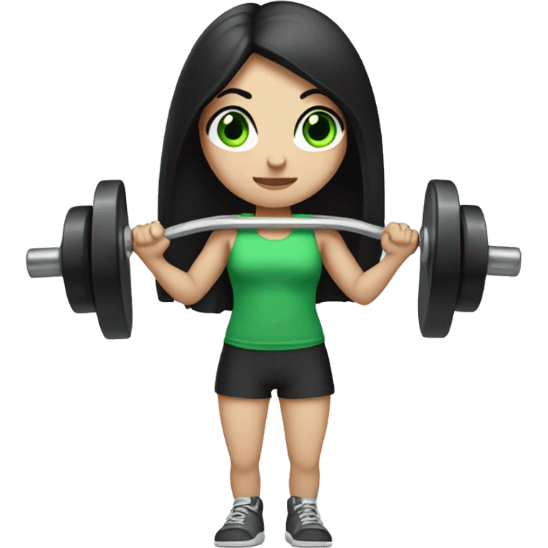 Pale girl with long black hair and green eyes lifting weights emoji