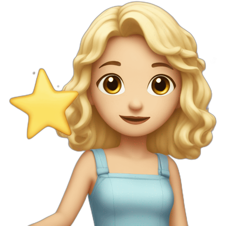 two-dimensional girl in a short dress reaches for a star emoji