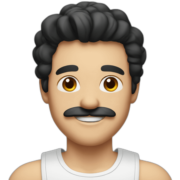 HAPPY MAN WITH MUSTACHE AND LONG BLACK HAIR AND WHITE TANK TOP emoji