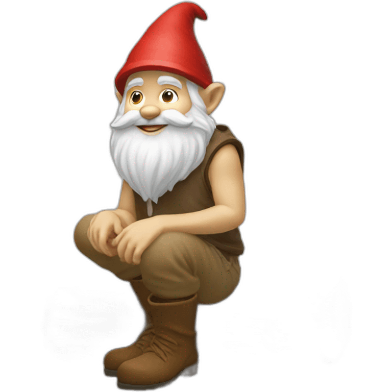 side view perspective of gnome with light tan pants and light tan boots squatting on top of small brown log emoji