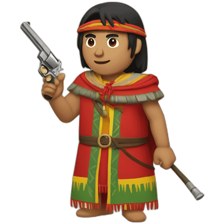 An Inca man, neck-length black hair, wearing a Red headband and wearing a red poncho (with yellow, green and red lines) and holding a pistol emoji