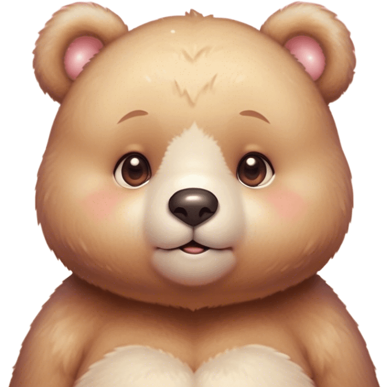 Cinematic cute soft bear, chubby round face, tiny ears, warm fuzzy fur, blushing cheeks, sparkling kind eyes, soft glowing background, heartwarming and huggable. emoji