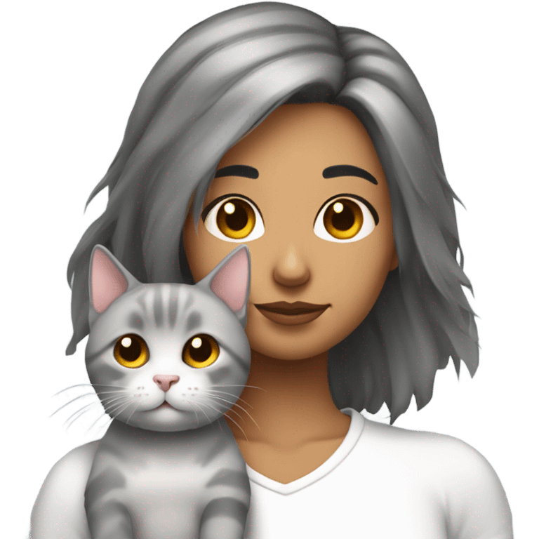 Chica con pelo medio corto piel morena dormida con un gato gris con blanco  emoji