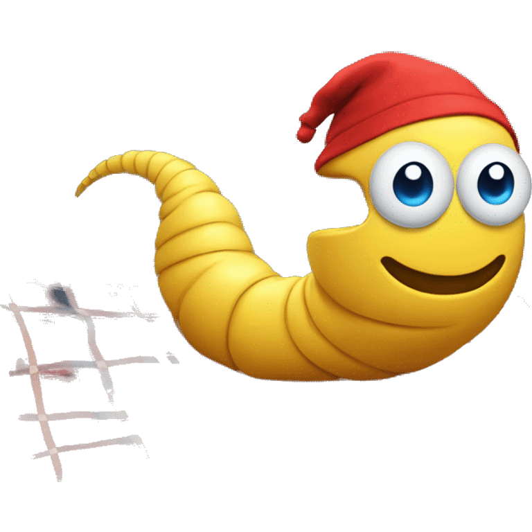 a yellow worm with blue eyes, long, with a gray cap, basking at the oyster in the forest, sitting on a red blanket  emoji