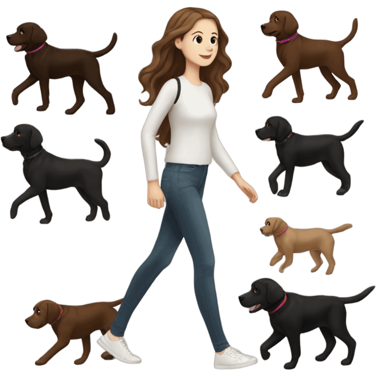 White girl with wavy brown hair walking a black Labrador emoji