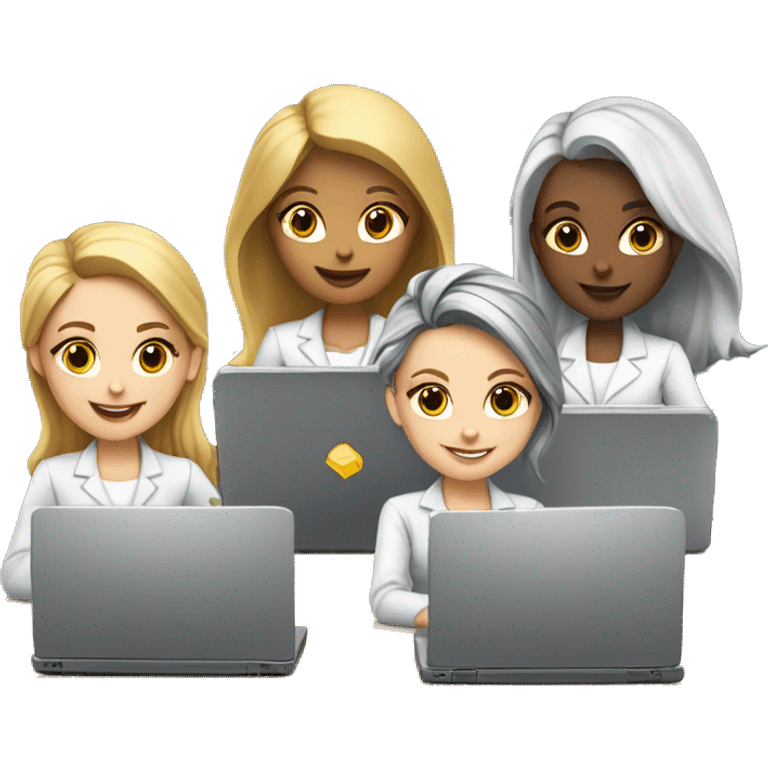 team of 6 white skin girls with laptops of Learning and Development in company emoji