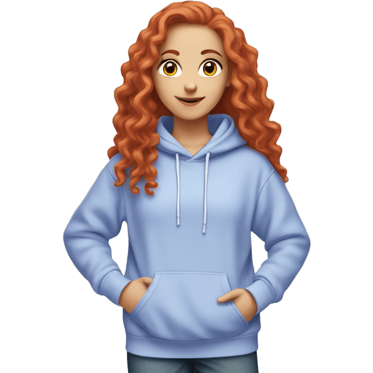 a white girl with long red curly hair, wearing a pastel periwinkle hoodie doing a pose emoji