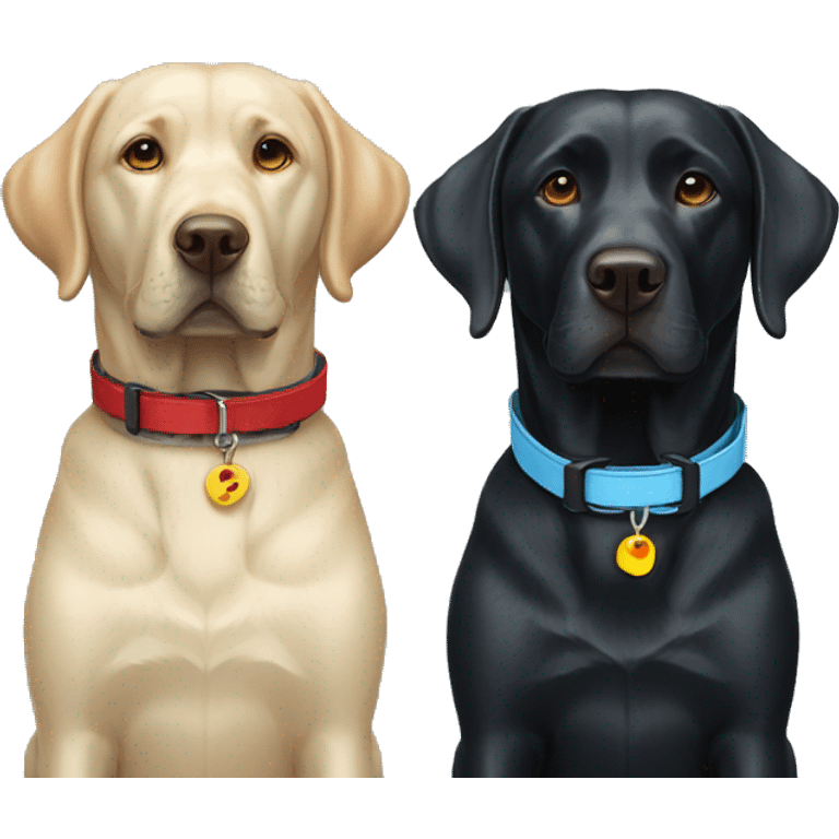 one black labrador with a light blue collar next to one black labrador with red collar emoji