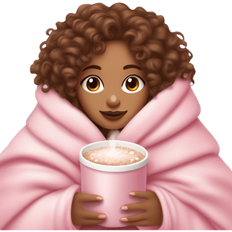 Light skin girl  with brown curly hair under our pink blanket,make her look like a young  make it so you can see the curly hairsipping hot cocoa with marshmallows, cuddled around the blanket, long curly hair, long, medium lashes emoji