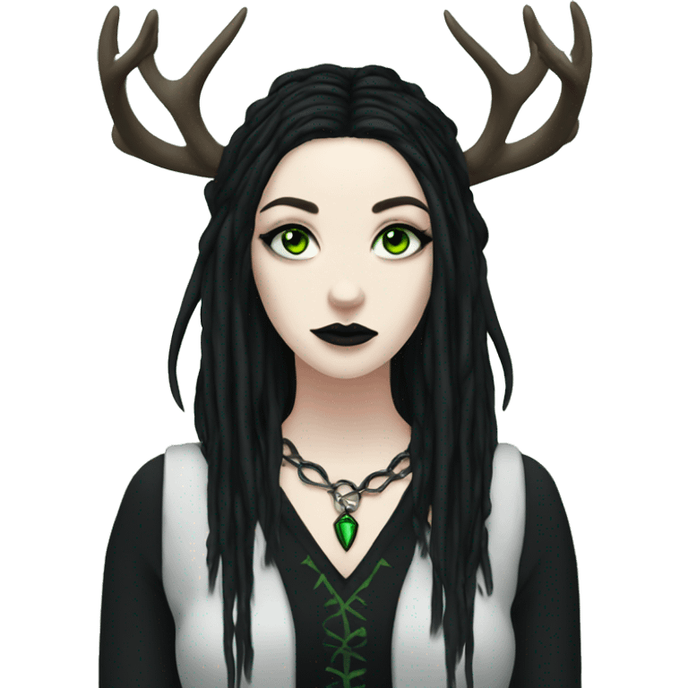 Goth woman, pale skin, green eyes, black dreadlocks, eyeliner, deer antlers  emoji