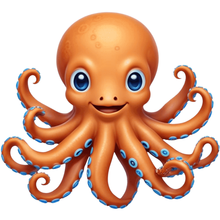 Cinematic Cute smiling Octopus Portrait Emoji, Head tilted playfully and inquisitively, featuring a rounded, light orange body embellished with playful blue rings, eight adorably curling arms, and big, twinkling eyes full of wonder, Simplified yet irresistibly adorable features, highly detailed, glowing with a warm, inviting underwater glow, high shine, affectionate and lively, stylized with a touch of whimsical cartoon charm, soft glowing outline, capturing the essence of a mischievous yet loving octopus that seems as if it could bob out of the screen into your arms! emoji