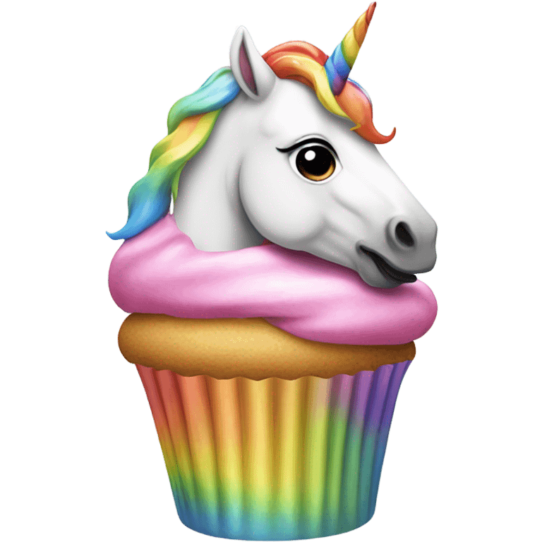 A unicorn eating a cupcake on a rainbow emoji