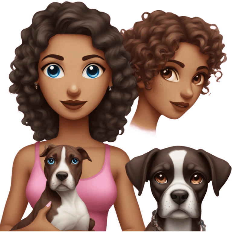 Beautiful tattooed curly dark brown haired woman, holding a boxer dog, and pink sphinx with blue eyes emoji