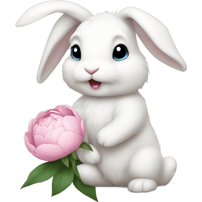 cute white bunny holding light pink peonies emoji