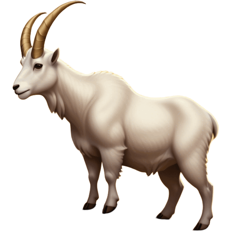 A detailed emoji-style illustration of a majestic mountain goat standing on top of a rugged mountain peak. The goat has large, curved horns and a strong stance, with a scenic background of a golden sunset. The image should capture the silhouette effect while maintaining expressive and cute emoji-like details emoji