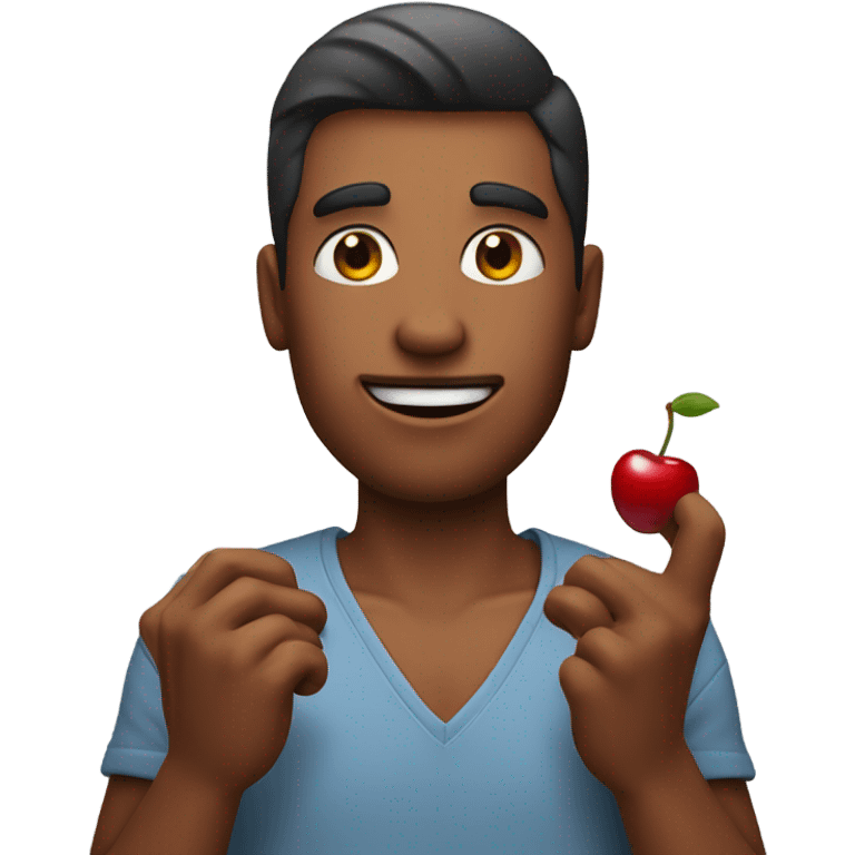 A guy eating two cherries that look like skin emoji