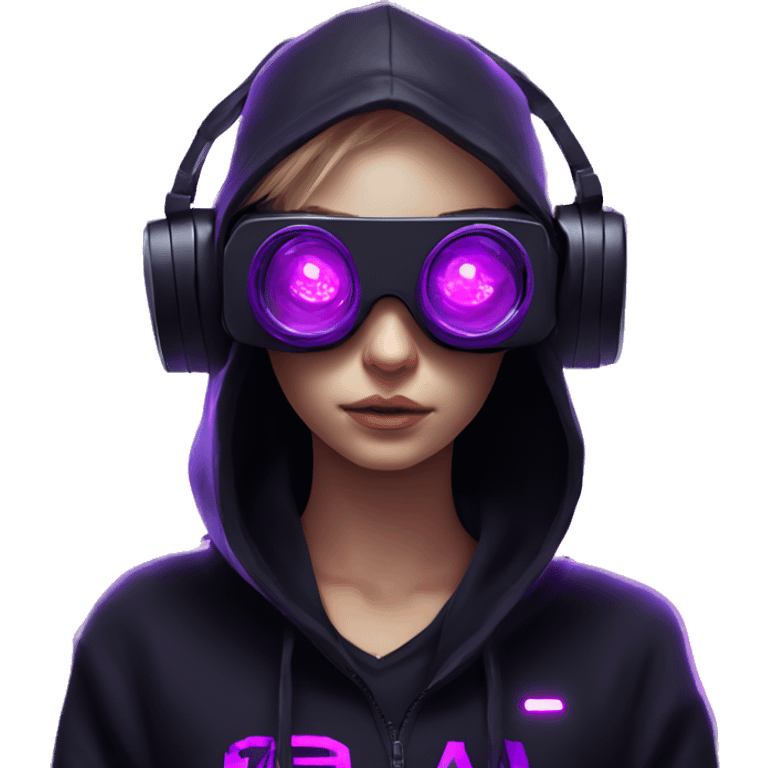 Russian girl wearing black hoody with violet letters "OMG", in vr headset. Cyberpunk style. Violet neon. emoji