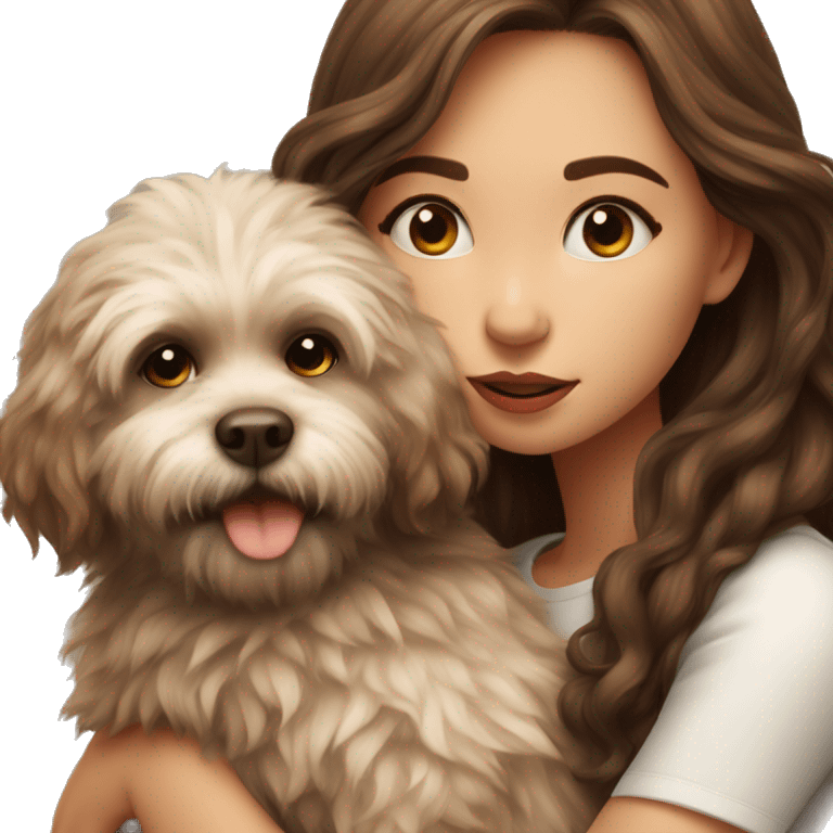 beautiful girl with brown hair kissing her fluffy dog emoji