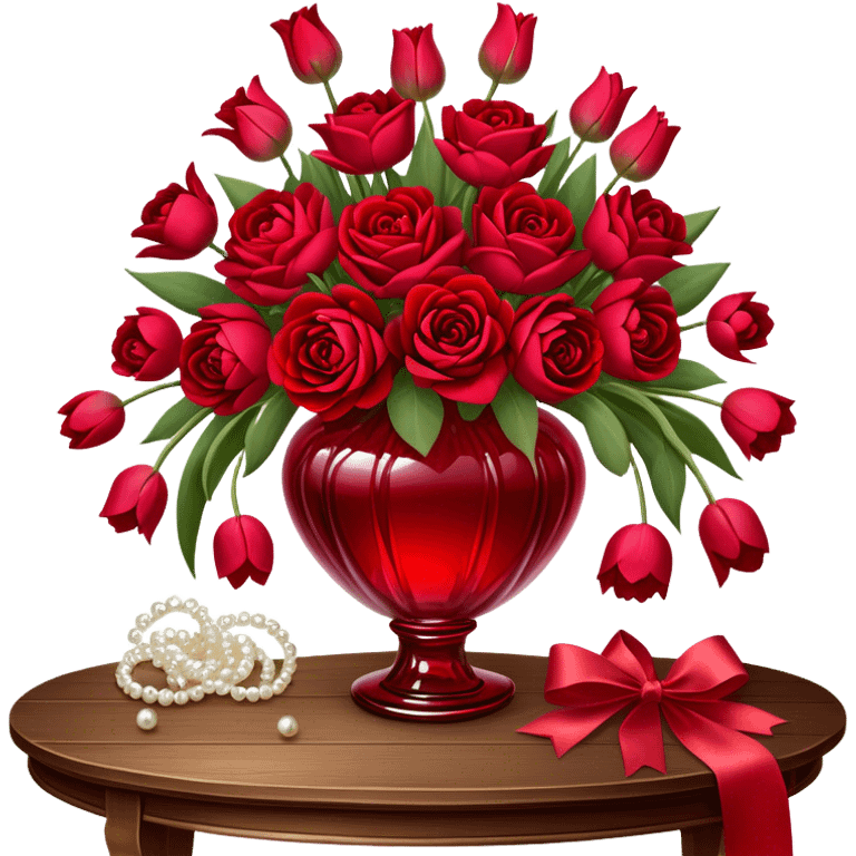 "A romantic still life of a crystal-clear red glass vase brimming with a lavish mix of scarlet roses, tulips, peonies, and silk-like pansies, with pearl-hued ribbons cascading gracefully over a vintage wooden table."
 emoji