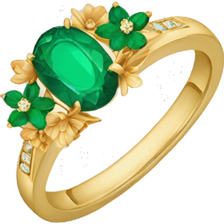 gold engagement ring with flowers around oval emerald  emoji