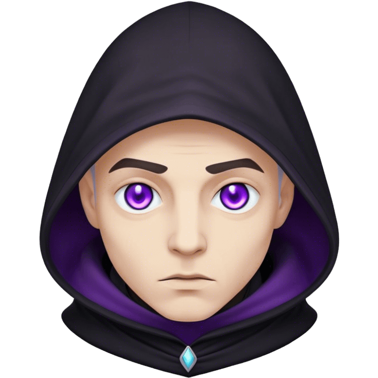 A pale sorcerer in a flowing black hood, his eerie violet eyes locked onto the viewer emoji