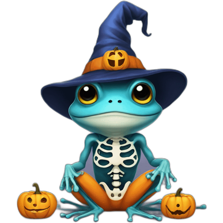 Blue Witch frog with pumpkin with Skeleton outfit emoji