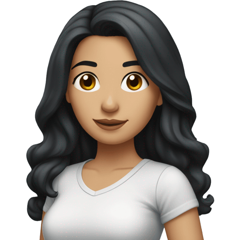 A head and shoulders shot of a 33 year old Hispanic woman, with long black hair,   with brown eyes wearing a t-shirt. emoji