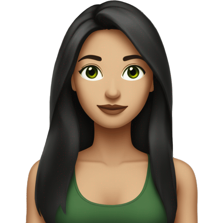 Attractive woman with very long dark brown hair and dark green eyes, wearing a black tank top emoji