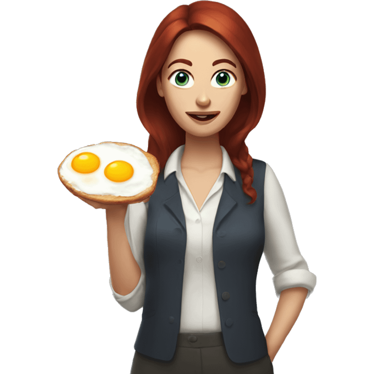 Woman with dark red hair, blue eyes holding fried eggs emoji