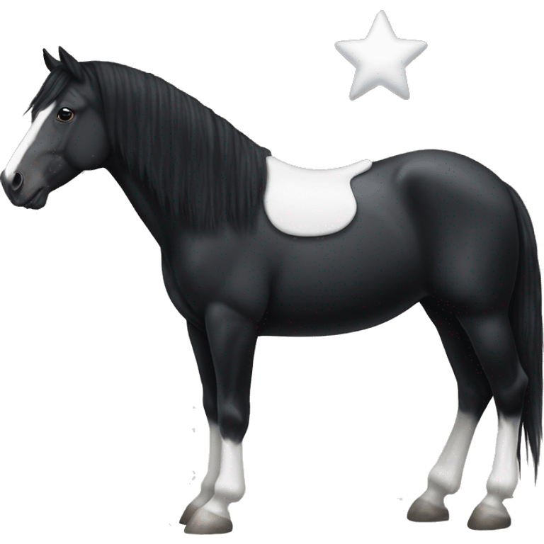 Black cob horse with a little white star and a white sock on the left back leg  emoji