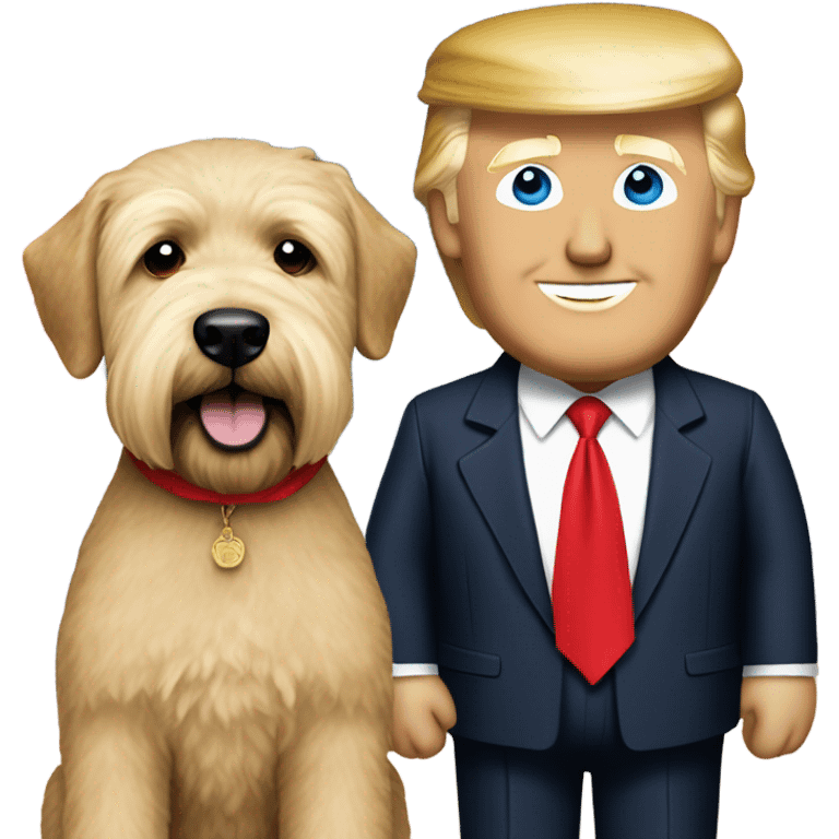 President Donald trump with a wheaten terrier wearing a red bandana emoji