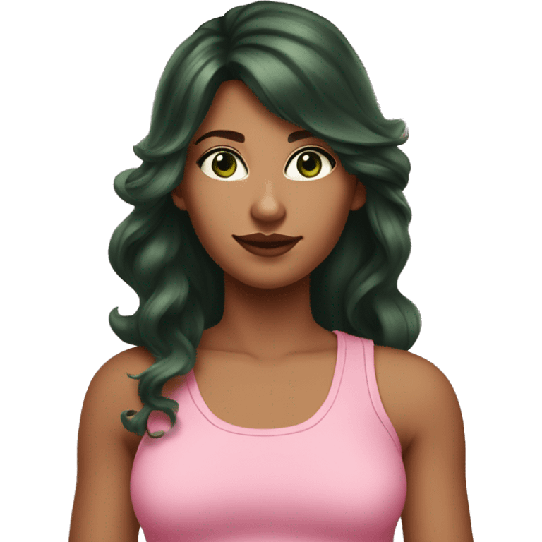 Woman with light skintone and pink undertone and with dark brown shiny long wavy hair with side bangs and side part, she is wearing a pink tank top and has dark green eyes emoji