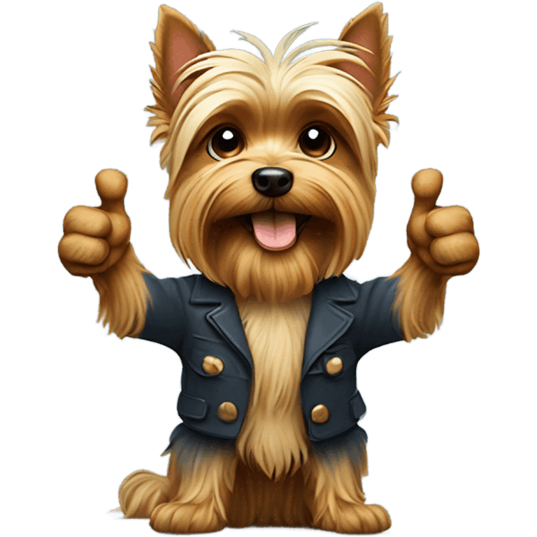 Yorkshire terrier holding up a paw with a thumbs up emoji