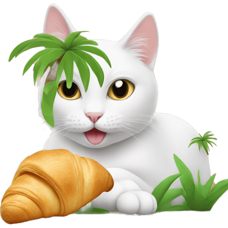 White cat eating a croissant under a palm tree  emoji