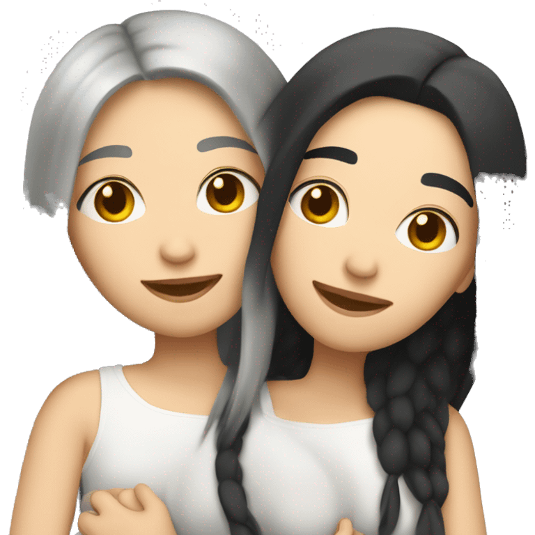 A lesbian couple who both have white skin and long black hair are hugging intimately. emoji