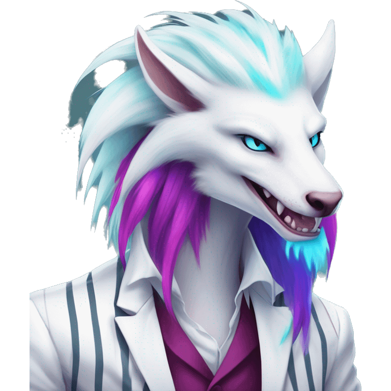 White badass elegant wild beautiful natural cute badass epic anthro modern albino sergal-vernid-creature with cyan mane and magenta eyes with cyan edgy stripes, full body, blue pretty hair,  emoji