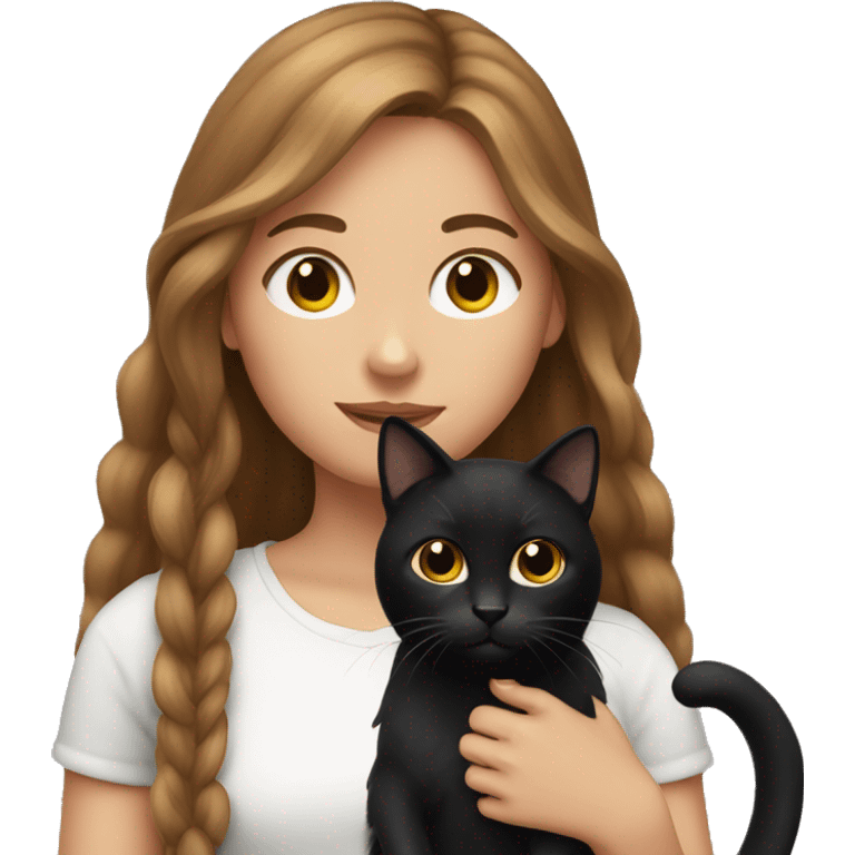 Girl with long brown hair holding a black cat emoji