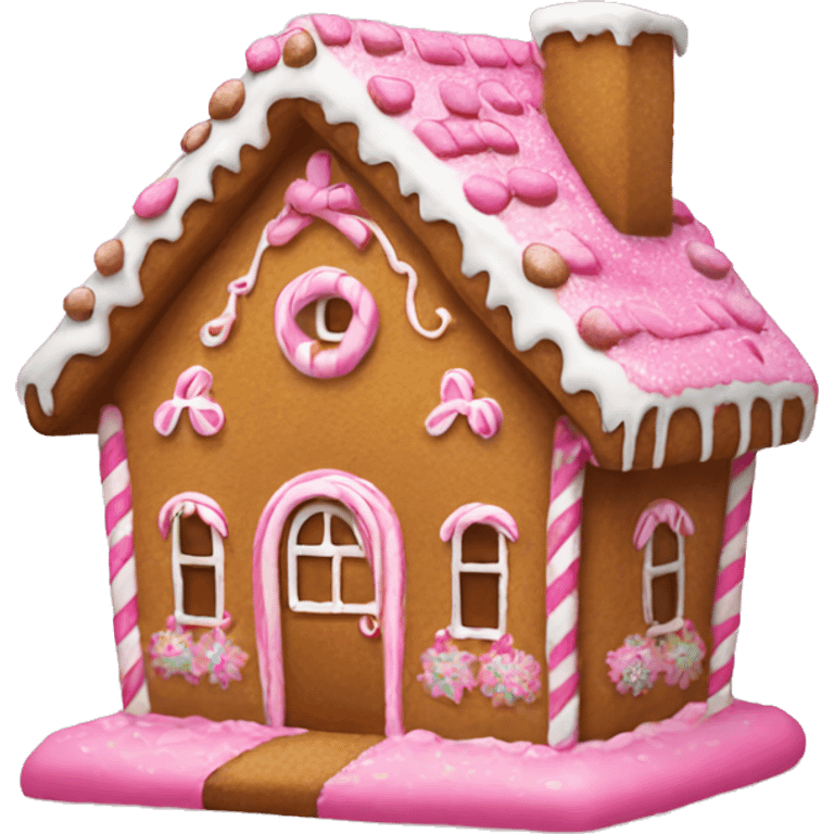 gingerbread house decorated with pink emoji