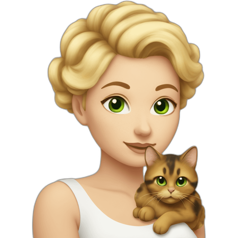 Blonde woman with green eyes holding a very fluffy and fat tortoiseshell cat emoji