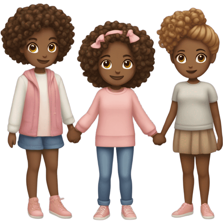 Full body, Two girls holding hands one brown skin one Carmel skin  one  with a curly bun and one feminine with curly hair emoji