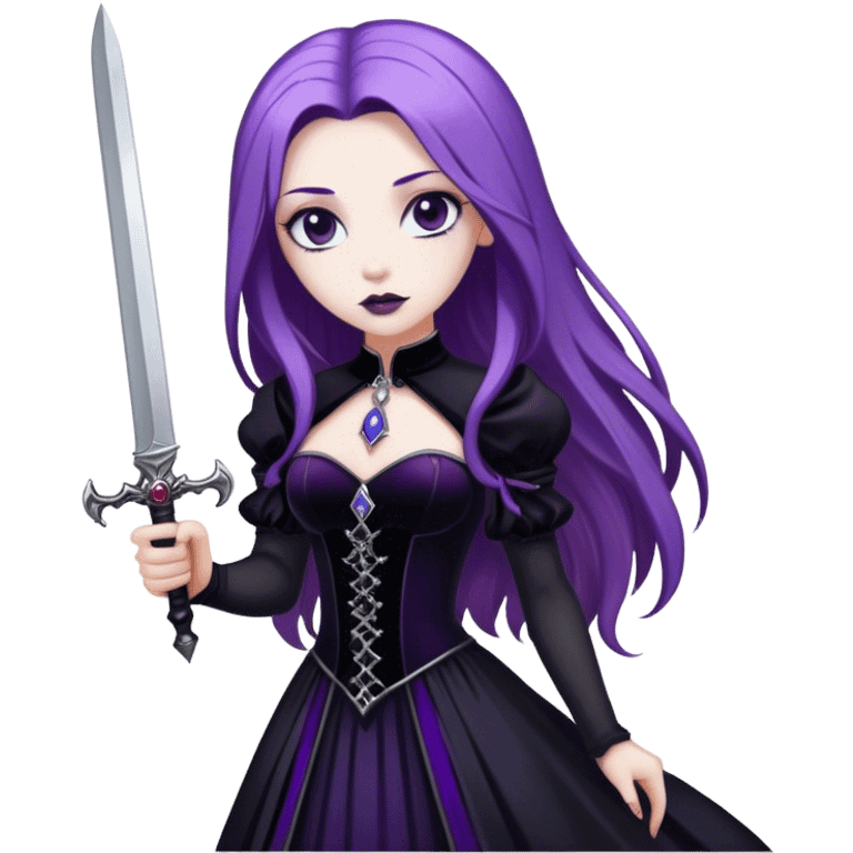 A gothic princess with long purple hair, in a black velvet dress, holding a silver dagger. emoji