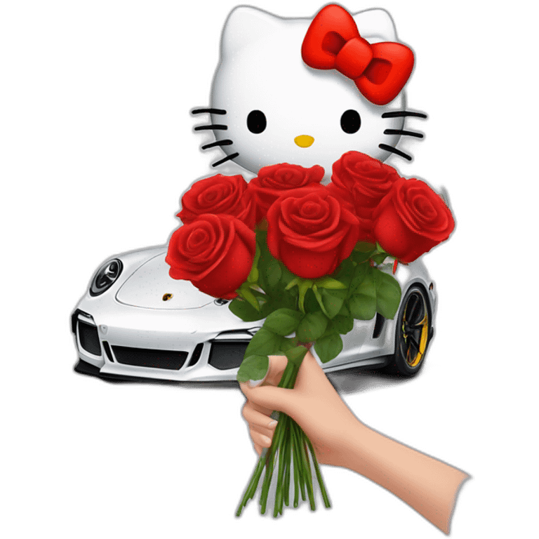 Hello kitty in porsche 911 gt3rs and bouquet of rose red in her hand emoji